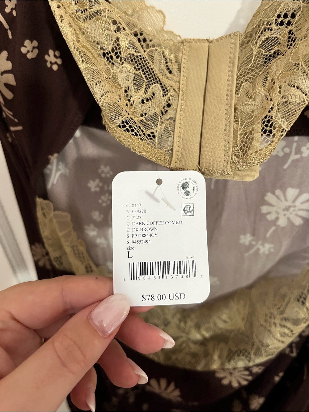 NWT Free People Brown Floral Slip Dress with Beige Lace Trim - Picture 5 of 6